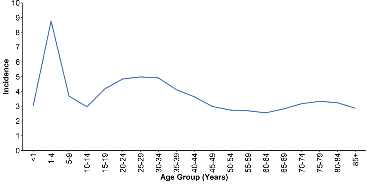 Figure 3. Incidence* of cryptosporidiosis cases, by age group