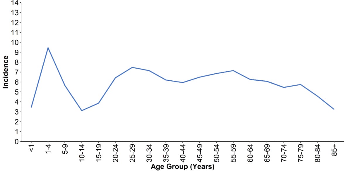 Figure 3. Incidence* of giardiasis cases, by age group