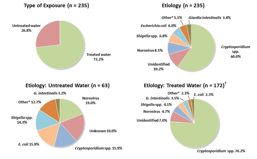 Pie charts showing recreational water-associated outbreaks of acute gastrointestinal illness by type of exposure and etiology from 2001-2010