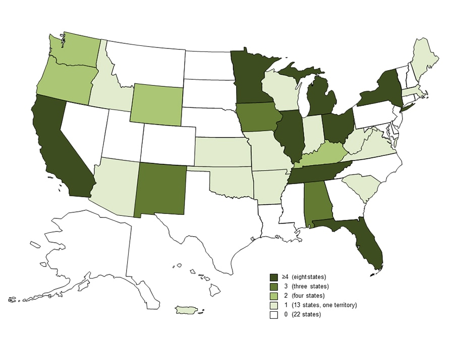 State map showing recreational water-associated outbreaks by jurisdiction from 2009-2010
