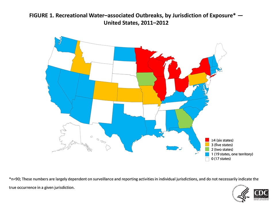 State map showing recreational water-associated outbreaks  by jurisdiction of exposure from 2011-2012