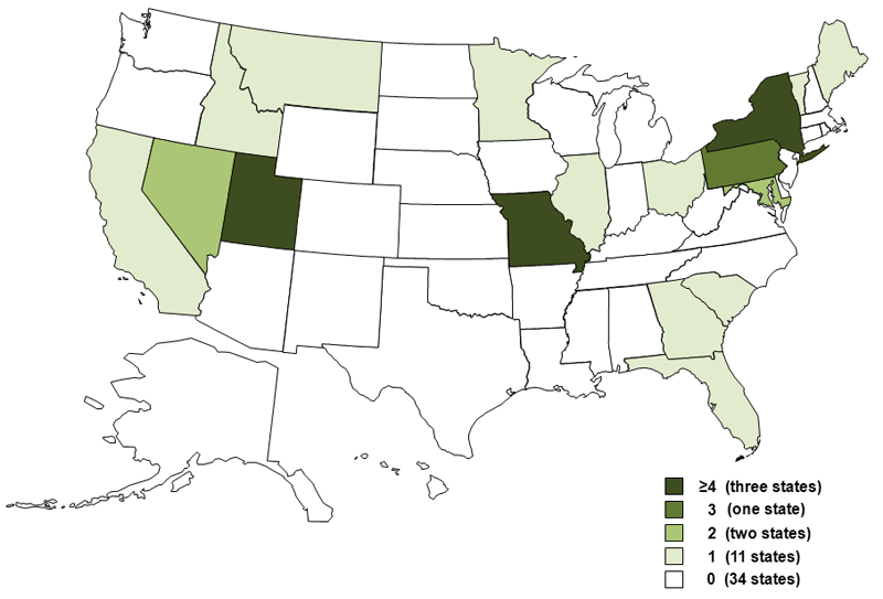 State map showing number of waterborne-disease outbreaks associated with drinking water from 2009-2010