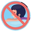 Niños en una piscina con una advertencia de no beber agua de la piscina