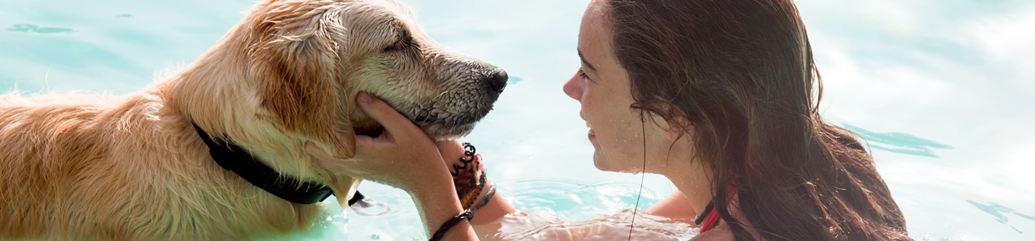 Girl in a swimming pool with her dog