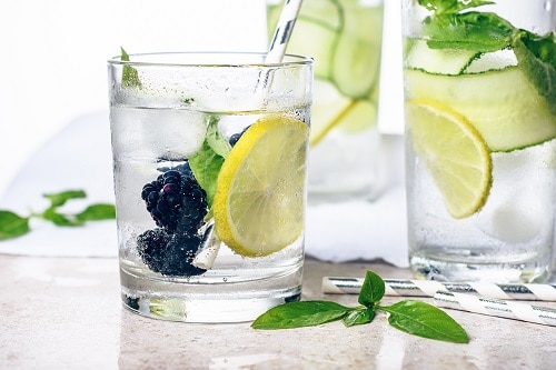 Un vaso de agua con limón, bayas y hojas de menta