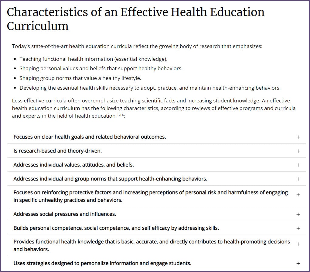 a screenshot of Characteristics of Effective Health Education webpage