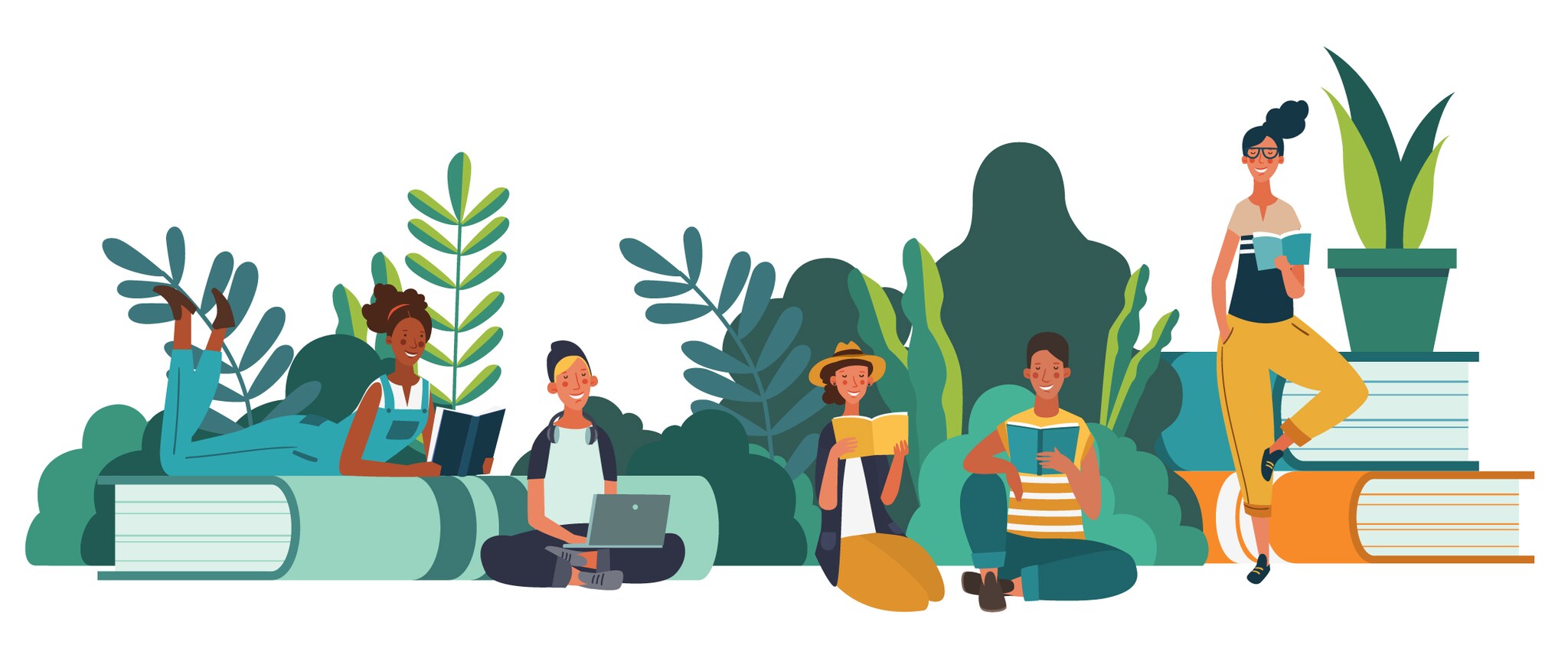Illustration of teens reading surrounded by nature
