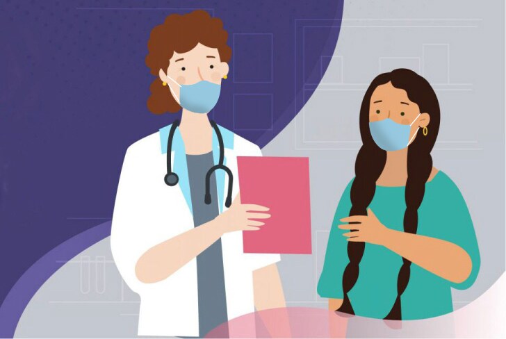 illustration a doctor talking to a female teenager with masks