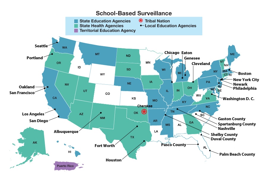 map of the continental United States displaying states, territories funded for School-Based Surveillance