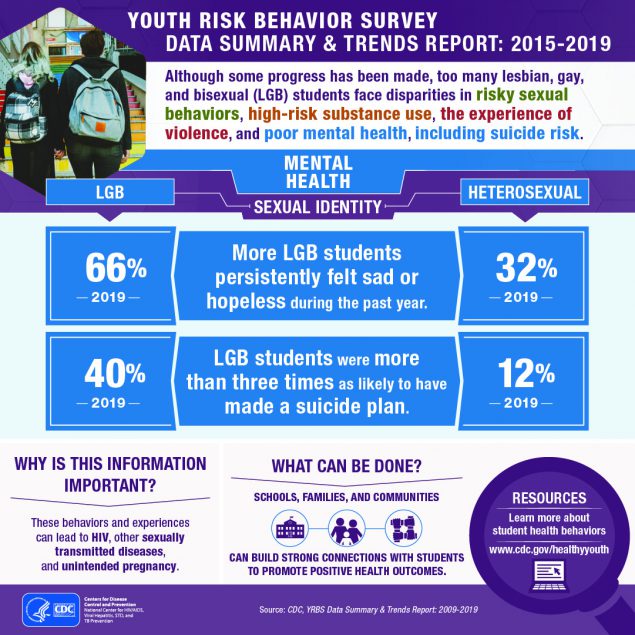 YOUTH RISK BEHAVIOR SURVEY DATA SUMMARY %26amp; TRENDS REPORT: 2015-2019: Although some progress has been made, too many lesbian, gay, and bisexual (LGB) students face disparities in risky sexual behaviors, high-risk substance use, the experience of violence, and poor mental health, including suicide risk.