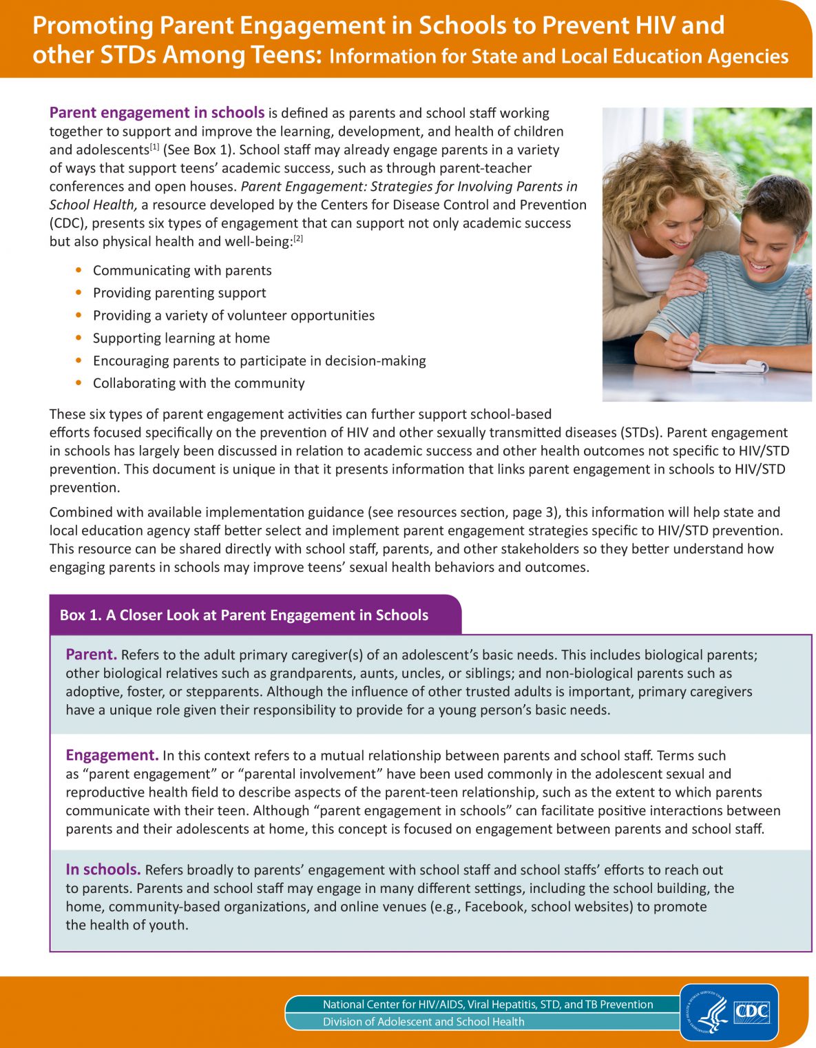 Promoting Parent Engagement in Schools to Prevent HIV and other STDs Among Teens: Information for State and Local Education Agencies