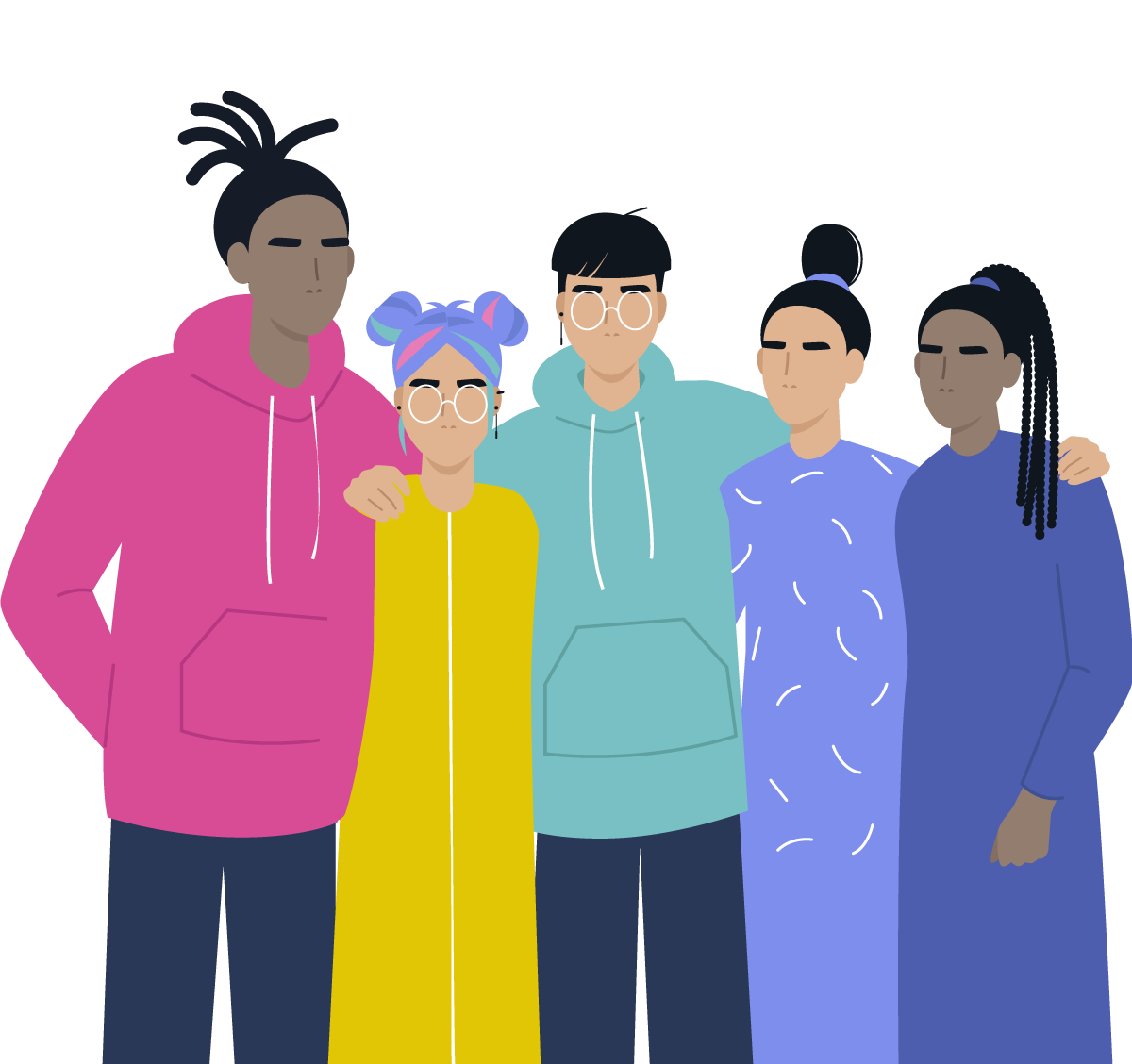 Illustration of LGBTQ, diverse group of people hugging each other
