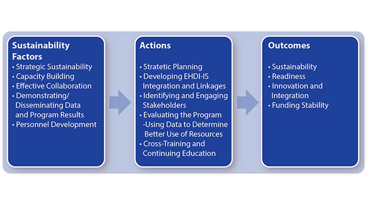 Diagram shows the flow of how sustainability factors contribute to Actions, which in turn lead to Outcomes. Sustainability factors include items like capacity building, collaboration, disseminating data and personnel development. Actions built on these factors include strategic planning, program evaluation and continuing education. These lead to outcomes like sustainability, innovation, readiness and funding stability.