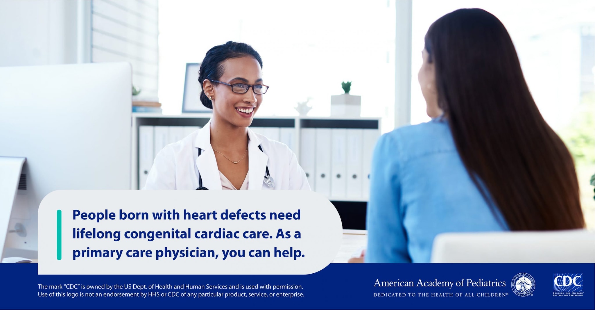 The background shows a person talking with a doctor and the foreground includes this text "People born with heart defects need lifelong congenital cardiac care. As a primary care physician, you can help."