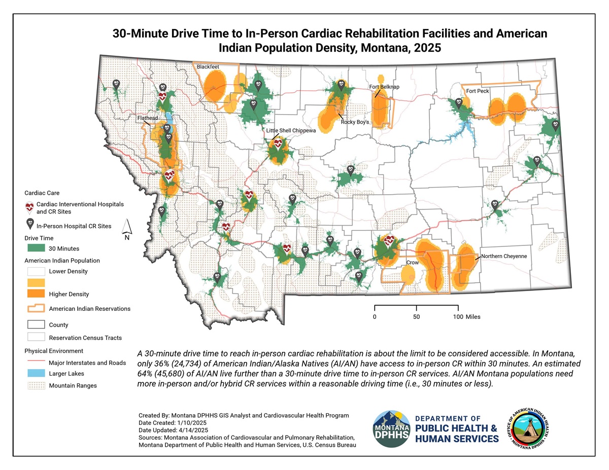 This map displays 30-minute drive time service areas around in-person cardiac rehabilitation facilities and interventional hospitals in 2025. The map denotes drive time service areas in green polygon boundaries with point features for the CR facilities.