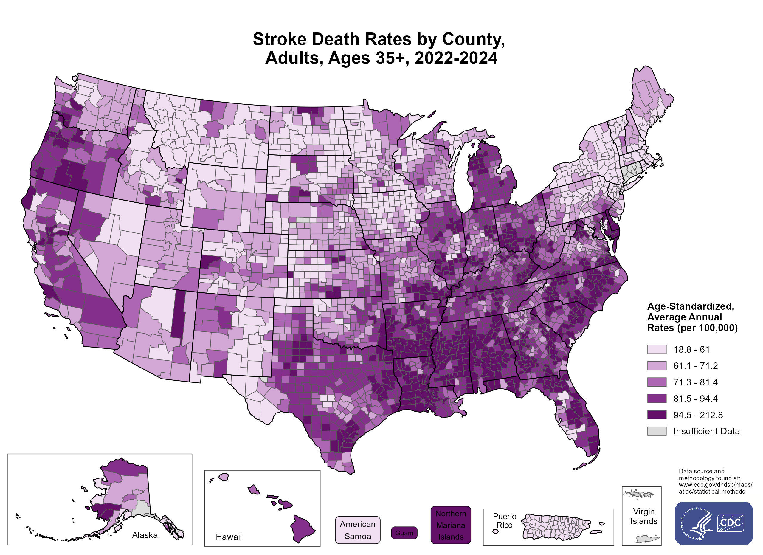 Map of stroke death rates by county, adults ages 35 and older, 2022-2024