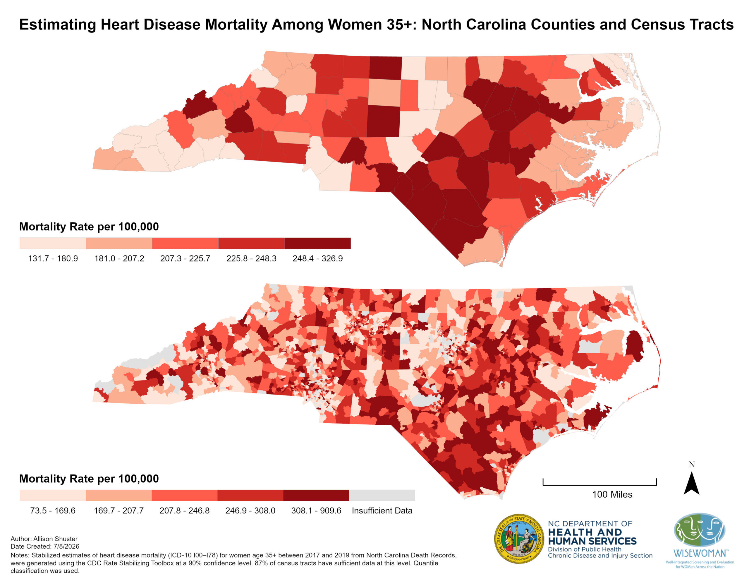 This map displays county- and census-tract-level death rates for heart disease (ICD-10 I00-I78) among women ages 35 and older in North Carolina for 2017-2019. The highest county-level mortality rates (248.4-326.9 per 100,000) are located primarily in the Southeast region of the state, whereas Western North Carolina contains many counties with the lowest mortality rates (131.7-180.9 per 100,000). Census tracts with the highest mortality rates (308.1-909.6 per 100,000) are distributed statewide, showing that pockets of high burden exist even within counties that have overall lower mortality rates.