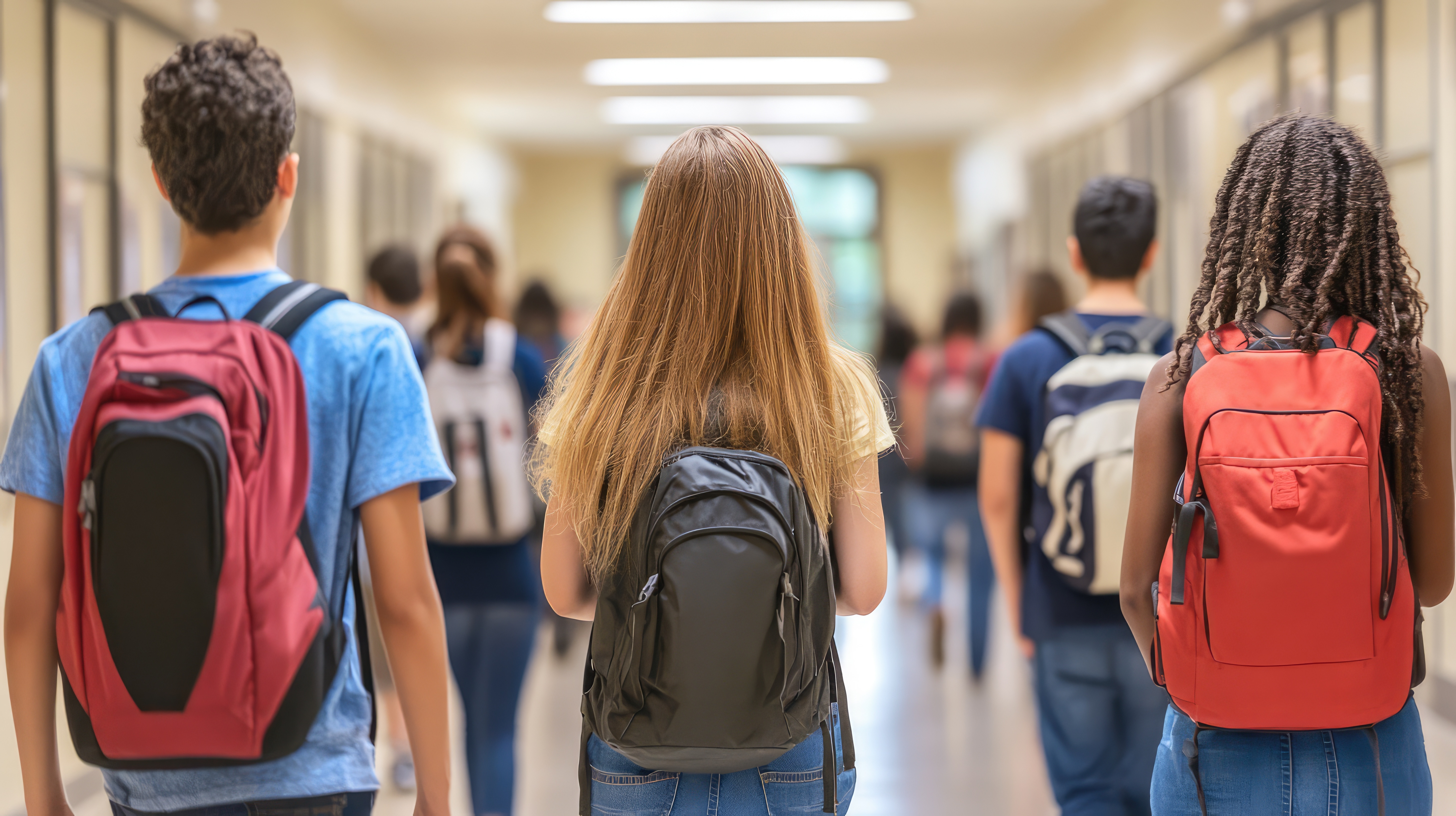 Youths wearing backpacks walking in a school hallway.