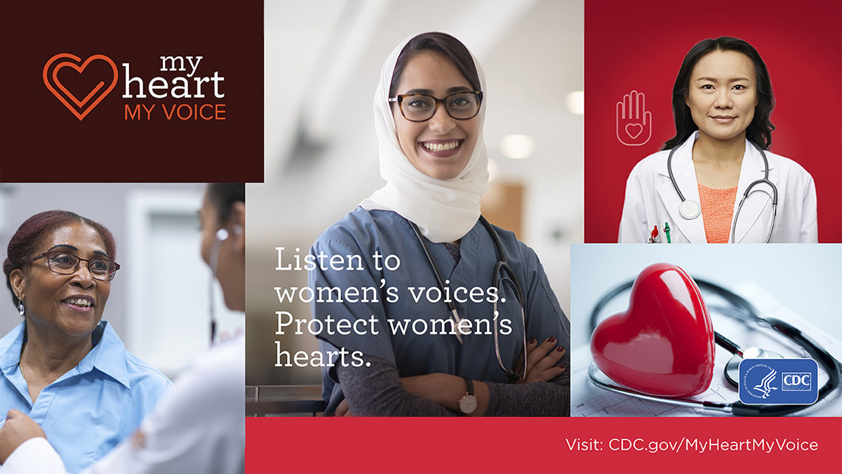 Collage of three different women working in a health care setting. Listen to women's voices, protect women's hearts.