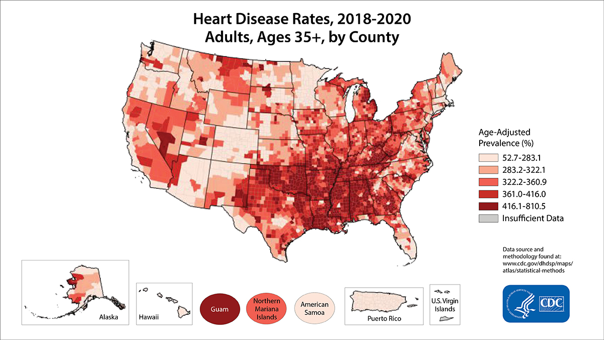 Map illustrating heart disease death rates by county in the United States from 2018–2020 for adults ages 35+.