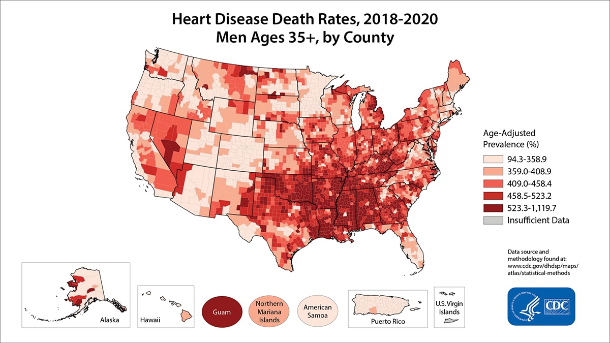 Heart disease death rates, 2018-2020 men ages 35 and older by county in the US
