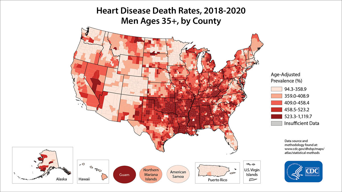 Heart disease death rates, 2018-2020 men ages 35 and older by county in the US