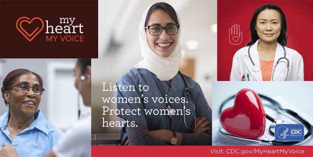 Collage of three different women that work in health care settings. My heart, my voice. Protect women's hearts.