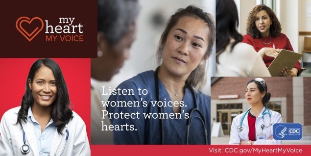Collage of four different women working in health care settings. Listen to women's voices, protect women's hearts.