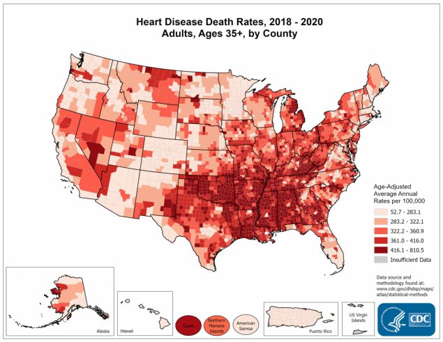 Heart Disease Death Rates for 2018 through 2020 for Adults Aged 35 Years and Older by County. The map shows that concentrations of counties with the highest heart disease death rates - meaning the top quintile - are located primarily in Alabama, Mississippi, Louisiana, Arkansas, Oklahoma, Georgia, Kentucky, Tennessee and Guam. Pockets of high-rate counties also were found in Michigan, Ohio, West Virginia, Virginia, North Carolina, South Carolina, Missouri, Texas, and Nevada.