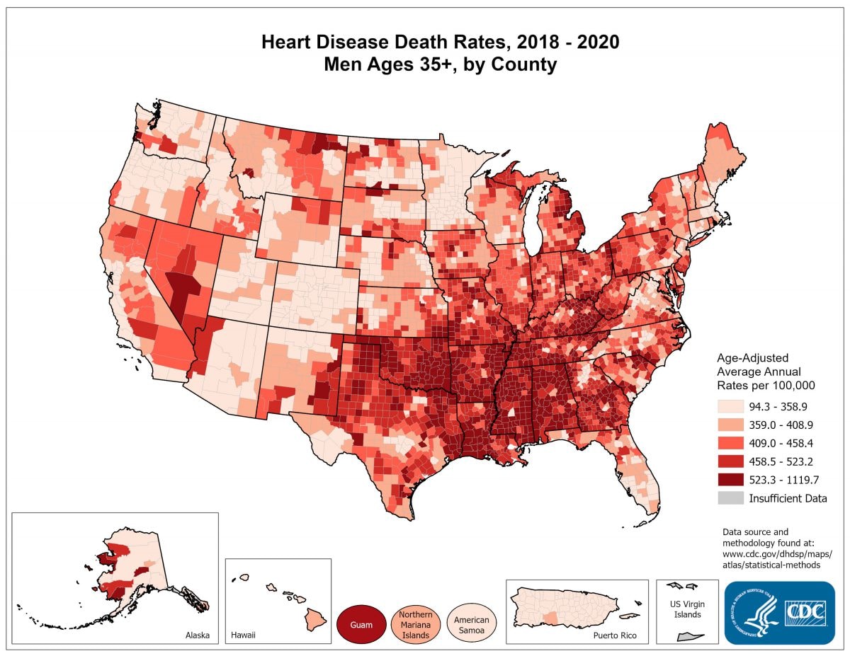 Age adjusted average annual deaths, 2015 to 2017, per 100,000 among men ages 35 and older, by county. Rates range from 114.10 to 1295.6 per 100,000. The map shows that concentration of counties with the highest heart disease death rates - meaning the top quintile - are located primarily in Alabama, Mississippi, Louisiana, Oklahoma, Georgia, Kentucky, Arkansas, and Tennessee, and parts of Nevada, Texas, South Carolina, and Missouri.