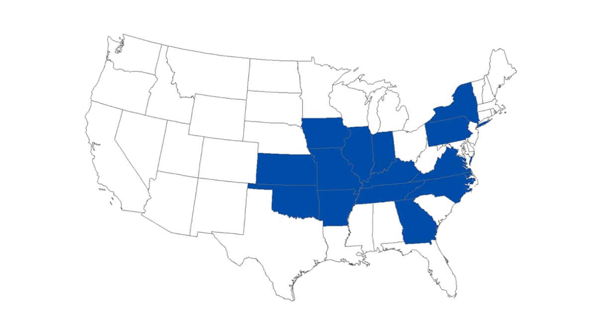 Map of the United States showing Heartland virus diseases cases by state. AR, GA, IL, IN, KS, KY, MO, NC, OK, and TN