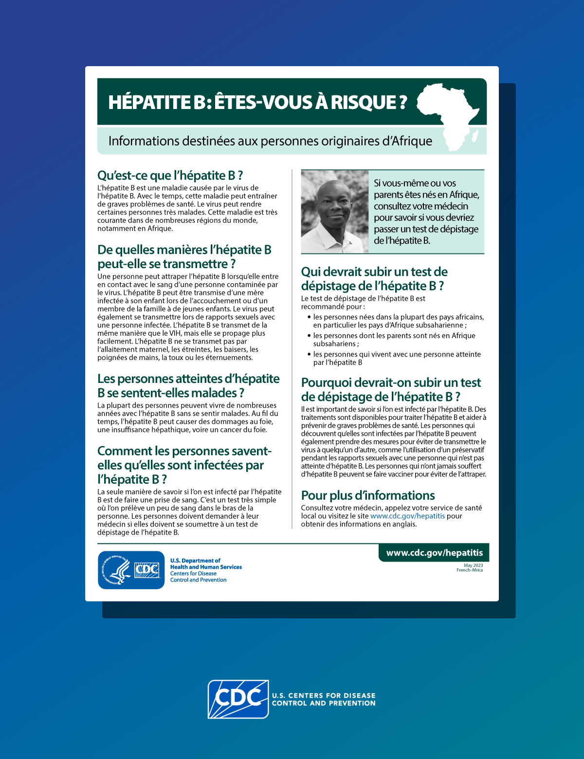 Poster in French discussing risk factors for hepatitis B