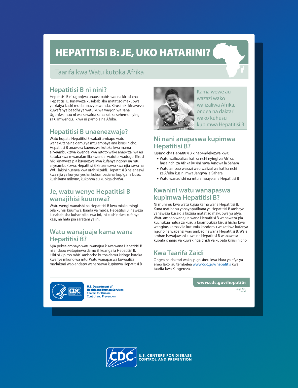 Poster in Swahili discussing risk factors for hepatitis B