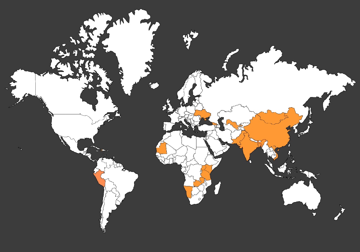 World map with the following countries highlighted: Bangladesh, China, Georgia, Haiti, India, Kenya, Mauritania, Mongolia, Namibia, Pakistan, Peru, Uganda, Ukraine, United Republic of Tanzania, Uzbekistan, Vietnam, and Zambia