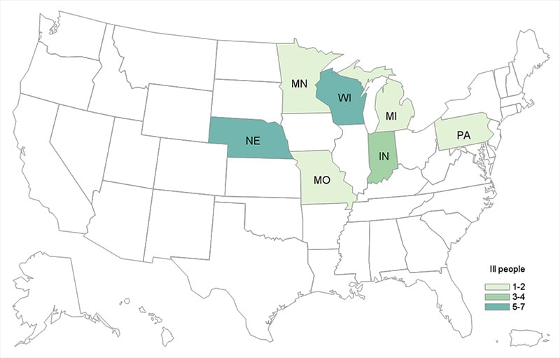 US map highlighting states which have cases