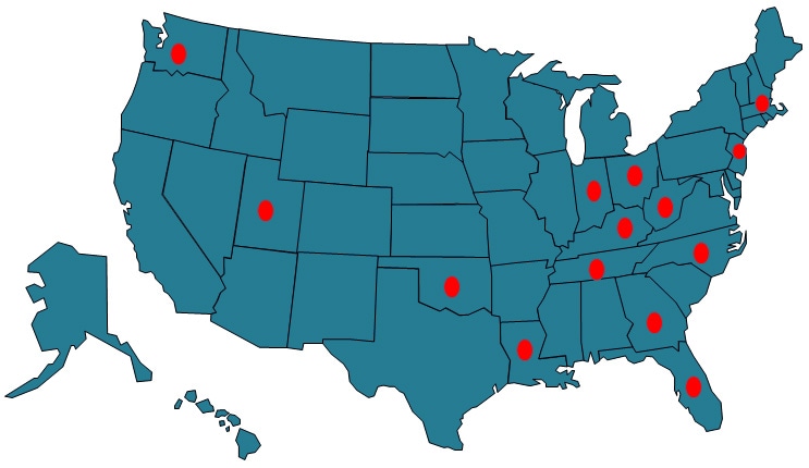 Map of United States with several locations highlighted