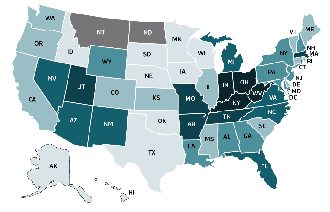 Figure 1.3.   This map displays rates of reported hepatitis A by state or jurisdiction for 2018. States are grouped and shaded based on hepatitis A rates (cases per 100,000 population). States with no reported cases are grouped separately. 