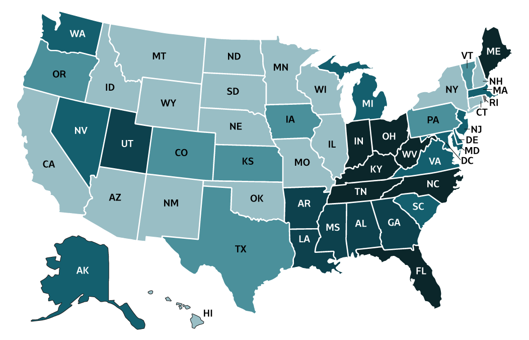 Figure 2.3. This map displays rates of acute hepatitis B by state or jurisdiction for 2018. States are grouped and shaded based on acute hepatitis B rates (cases per 100,000/population).  States with no reported cases are grouped separately. 
