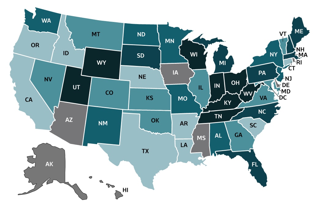 Figure 3.3. This map displays rates of acute hepatitis C by state or jurisdiction for 2018. States are grouped and shaded based on acute hepatitis C rates (cases per 100,000 per population).  States for which there were no data on acute hepatitis C cases are grouped separately. 