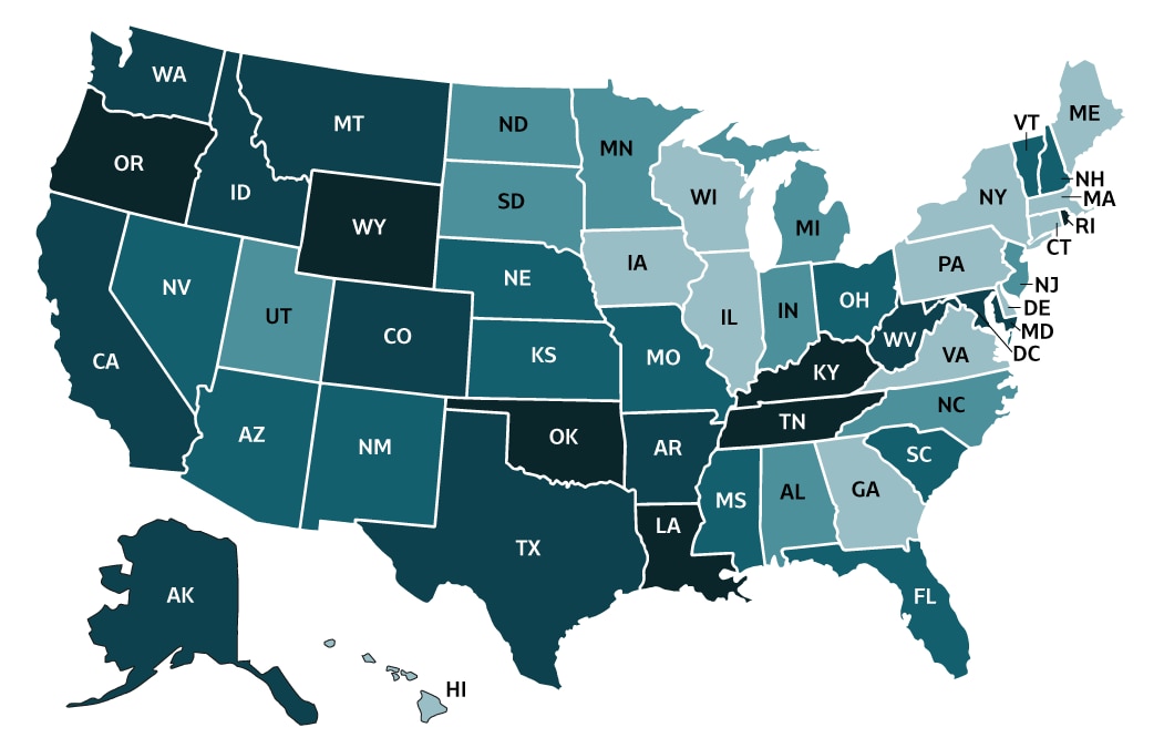 Figure 3.9. The map shows rate of deaths with hepatitis C listed as a cause of death by states in 2018. States are grouped and shaded based on reported rate of deaths per 100,000population.  States with unreliable data are grouped separately. 