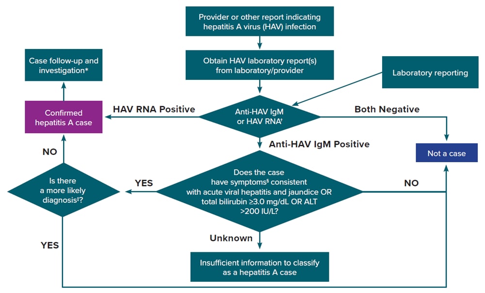 Figure 2-2 illustrates a process for hepatitis A case ascertainment and classification in accordance with the 2019 CDC/CSTE case definition for hepatitis A. The flow chart begins with receipt of a provider report, laboratory report, or other report indicating hepatitis A virus infection and walks through follow-up and case classification decisions based on available information.
