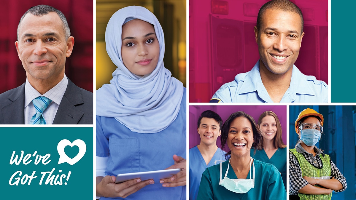 Collage of people in various professions and settings along with the CDC logo saying, “We’ve Got This!”