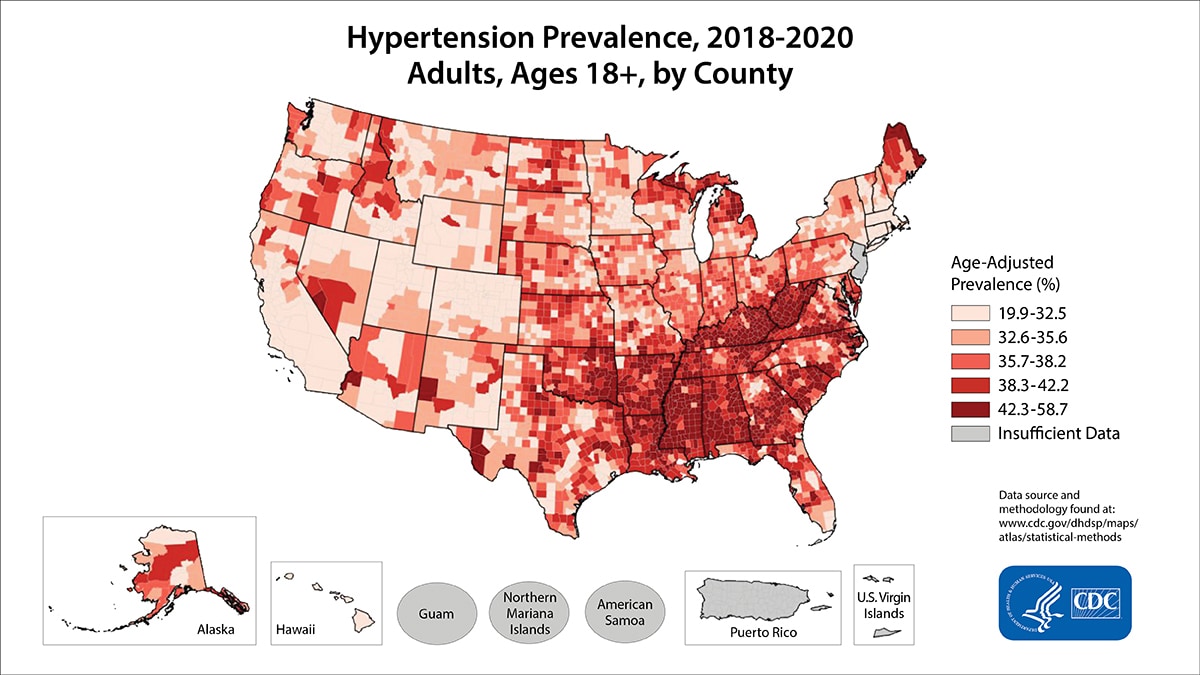 Map detailing hypertension prevalence, 2018-2020, among adults age 18+ by county.