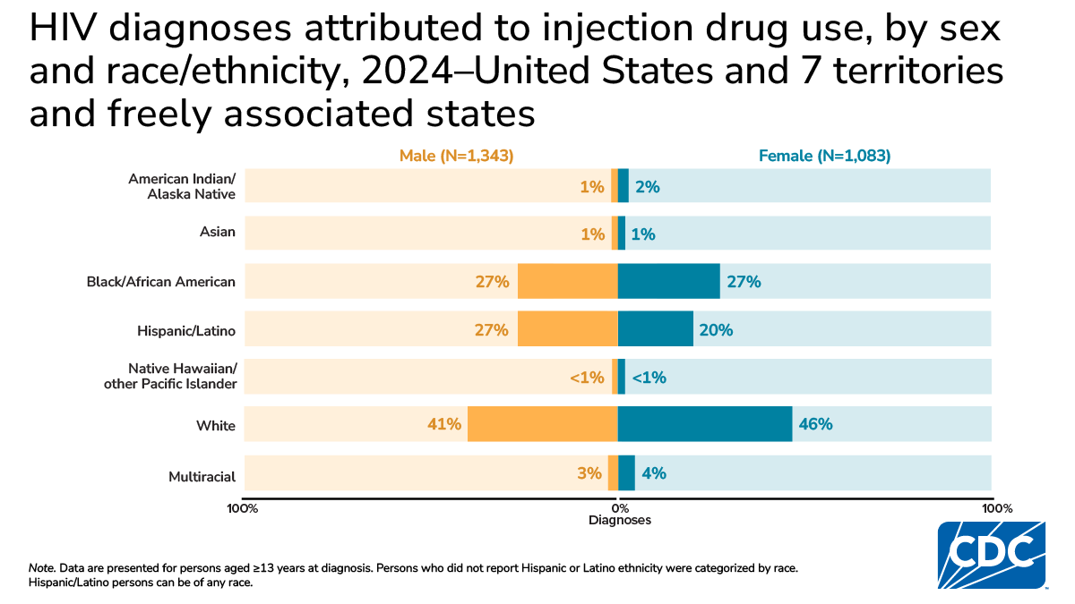 In 2024, White persons had the highest IDU-related HIV diagnoses: males 41%, females 46% in the U.S. and territories.