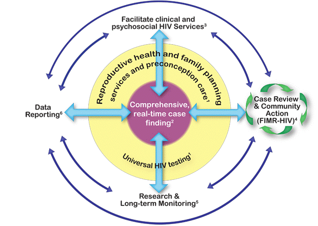 Figure 1 is the Framework to Eliminate Mother-to-Child HIV Transmission (EMCT). This figure illustrates the 6 key domains of the EMCT Framework. Domains 1 and 2 are the foundation for the other 4 domains; furthermore, all of the domains are meant to be interactive. The domains are: 1. Reproductive health and family planning services, preconception care, and universal HIV testing. 2. Comprehensive real-time case finding. 3. Facilitation of clinical and psychosocial services for women and infants. 4. Case review and community action (FIMR/HIV). 5. Research and long-term monitoring. 6. Data reporting.