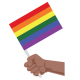 A hand holding a colorful flag.