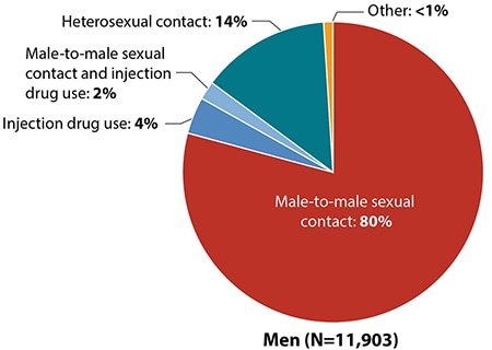 HIV diagnoses by transmission category and sex in the United States and dependent areas in 2018. Among black/African American men, 80 percent of HIV diagnoses were attributed to male-to-male sexual contact, 14 percent were attributed to heterosexual contact, 4 percent were attributed to injection drug use, 2 percent were attributed to make-to-male sexual contact and injection drug use, and less than 1 percent was attributed to another mode of transmission.