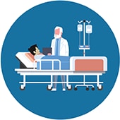icon of a doctor visiting a patient in a hospital bed