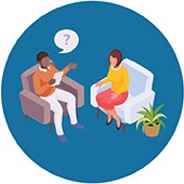 icon of a person with a speech bubble and a question mark, talking to another person