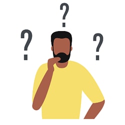 Bearded man with question marks above him